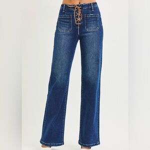 🩵 RISEN Full Size High Rise Wide Leg Jeans with Front Tie Detail -Dark Wash